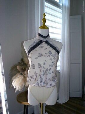 Free People Tibec Cream/Navy Paisley Halter Bodysuit — XS, Like New